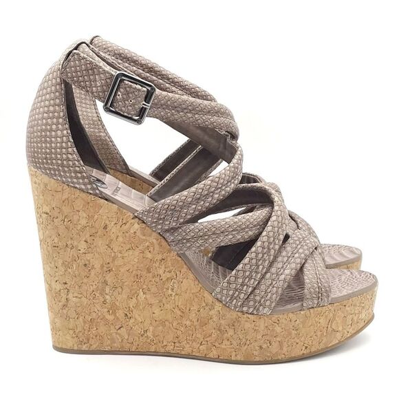 Tory Burch Taupe Reptile Embossed Leather Strappy Cork Wedge Sandals Size 10.5 - Picture 7 of 16